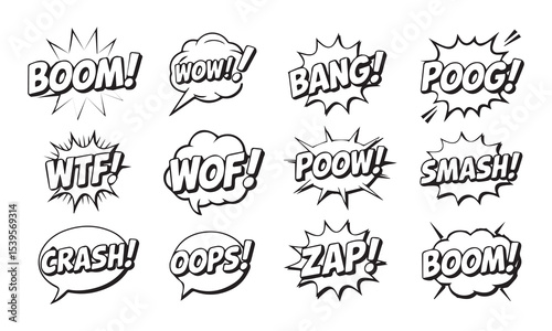 Twelve comic book style sound effect words