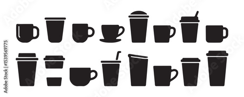 Collection of coffee cups and disposable beverage containers