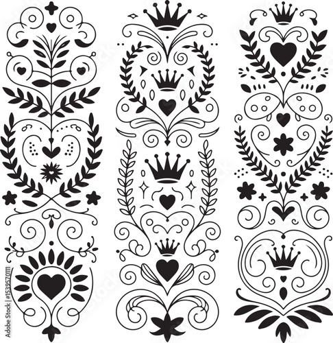 Elaborate Floral and Heart Motif Designs Whimsical Decorative Elements Featuring Crowns Leaves and Swirls for Creative Projects and Designs