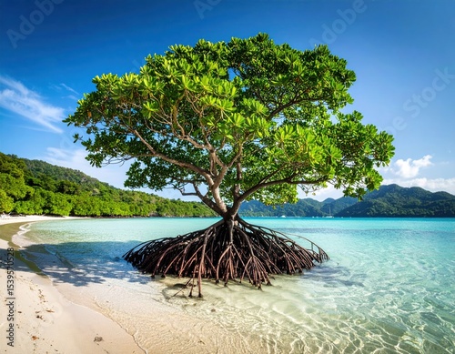 Tropical beach scene with a mangrove tree