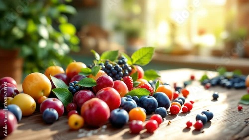 Assorted Fresh Fruits Displayed on a Rustic Wooden Surface Still Life