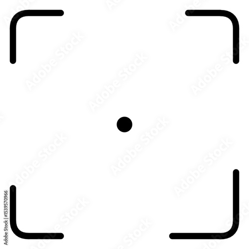 A simple black outline icon of a camera focus frame with rounded corners and a central dot. This vector-style design represents camera targeting, autofocus, or scanning features.