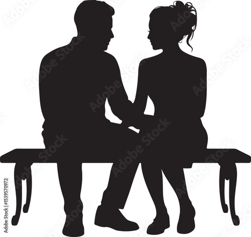 Silhouette of a Couple Sitting on a Bench on a Checkered Pattern Style