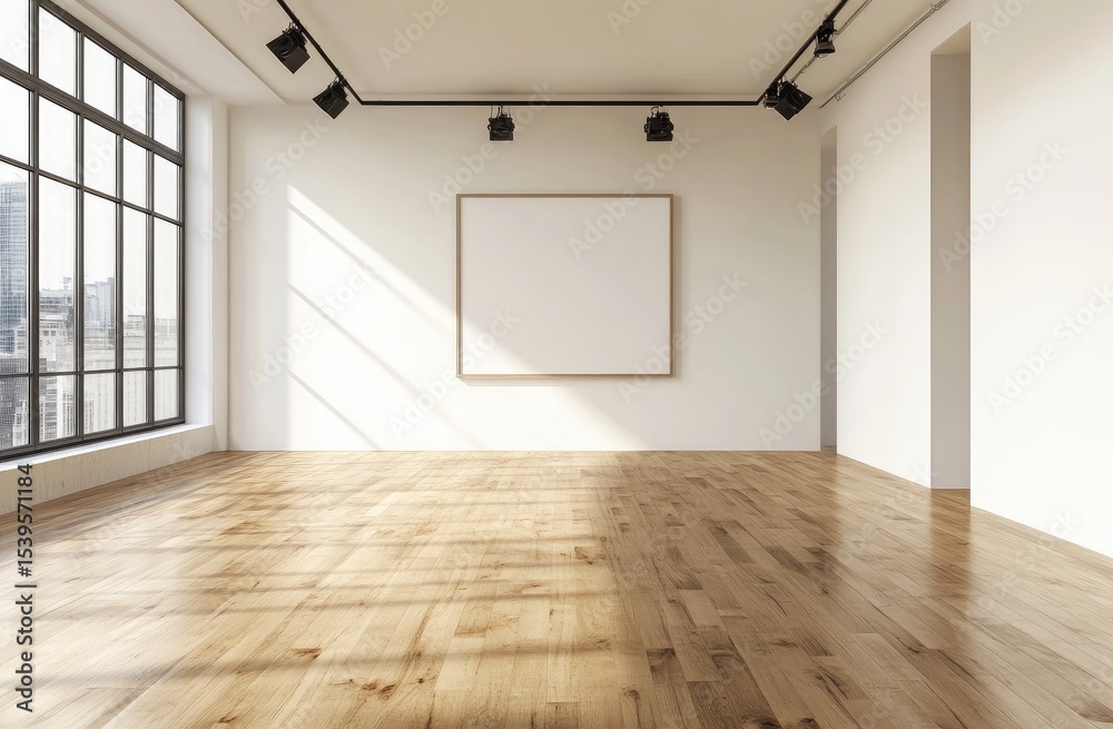 Fototapeta premium Empty white art gallery room with large blank canvas. Sunlight streams in through large windows