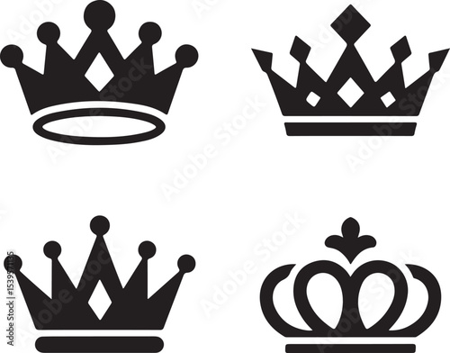 Four Royal Crown Illustrations A Collection of Distinctive Crown Designs Showcasing Symbols of Regal Authority and Historical Significance in Detailed Vector Art