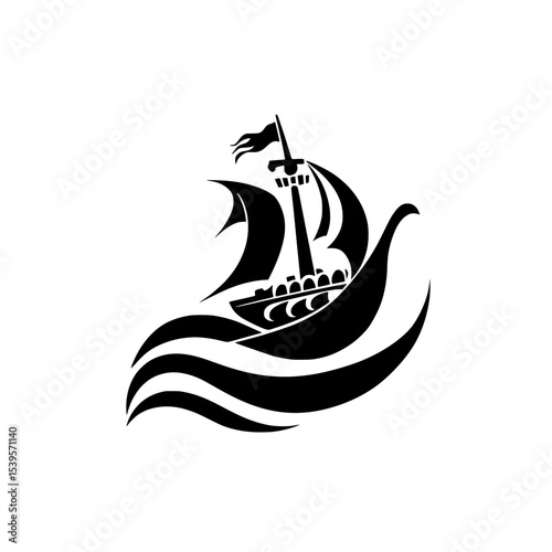Vintage sailing ship icon on stylized waves, Black silhouette illustration of an old-fashioned sailing ship with large sails and flags, riding stylized ocean waves.

