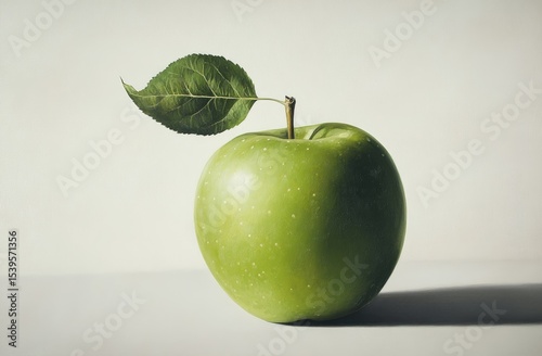 Close-up of a vibrant green apple with a single leaf