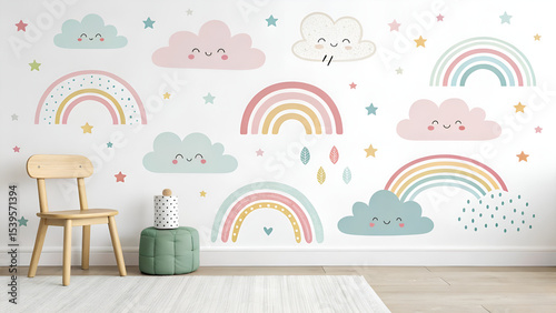 Clean White Wall Decorated with Pastel-Colored Vector Clouds and Rainbows, Ideal for Children's Spaces, Featuring Soft Dreamy Tones and Safe for Commercial Illustration Use