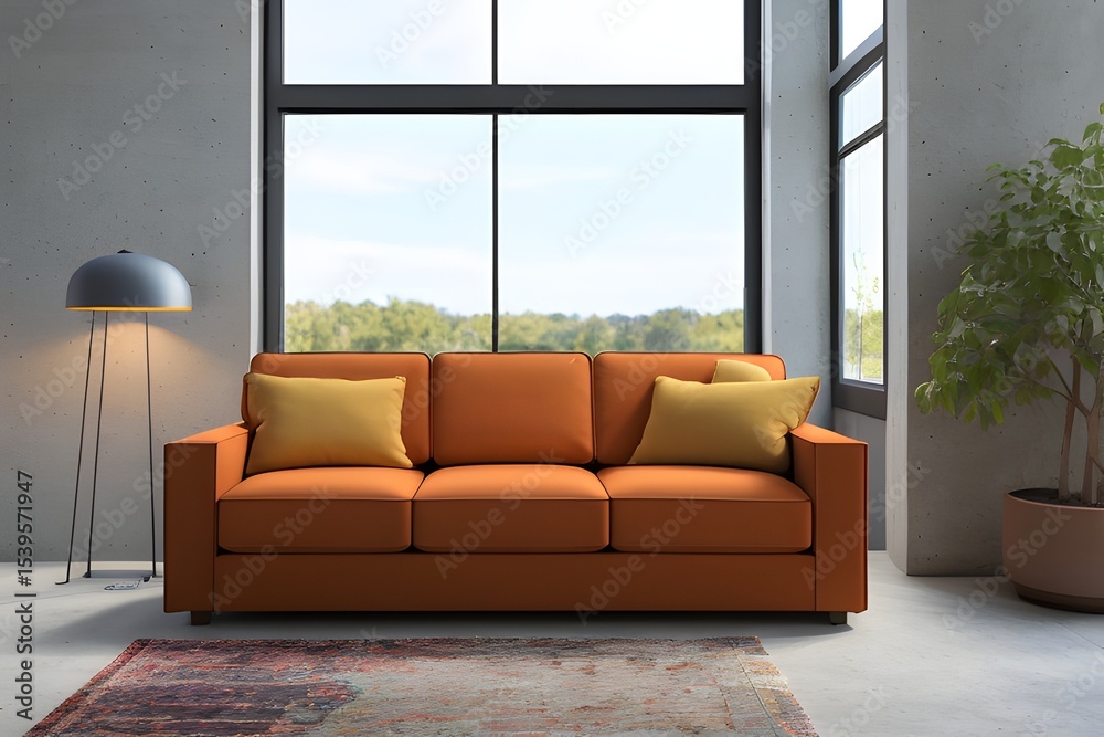 Obraz premium 3D rendering.Front view sofa and plant in a living room on colour background.