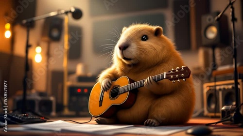 Playing Acoustic Guitar Cute Animal in Studio Recording Music