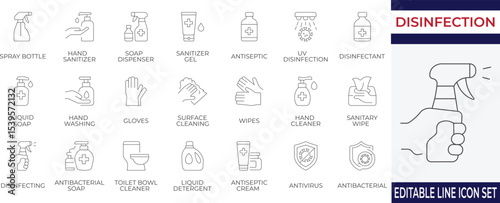 Clean and modern icon set featuring essential hygiene, disinfection, and sanitizing items. Perfect for healthcare, safety materials, cleaning product designs, and digital guides.