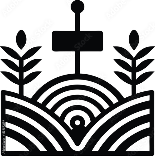 Stylized agriculture landscape with wheat crops, Silhouette  a field, and signpost