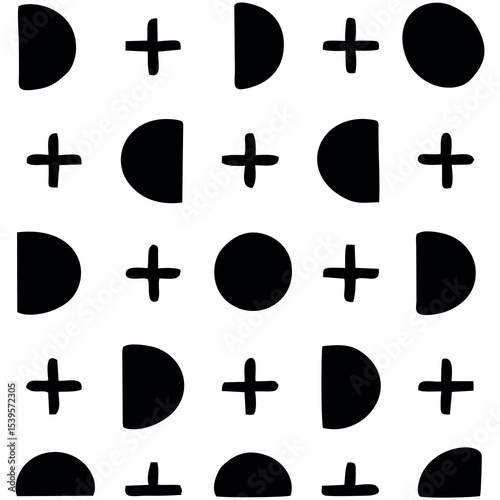 "Seamless vector pattern featuring various mathematics icons. Includes symbols like plus, minus, multiplication, division, ruler, calculator, protractor, geometric shapes, and algebra signs in a clean