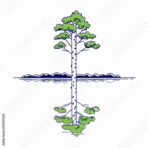 a lonely birch tree is reflected in the river