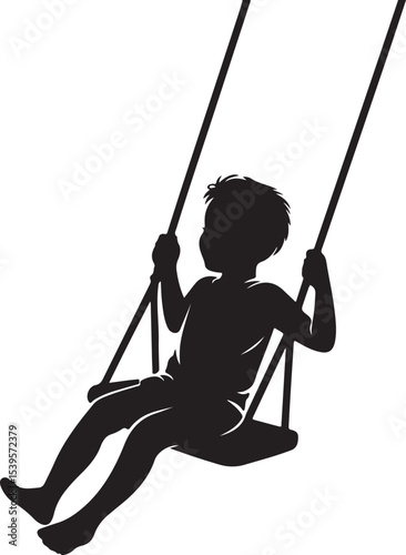 silhouette of joyful child swinging high on playground swing set, capturing action and fun in vibrant outdoor playground scene