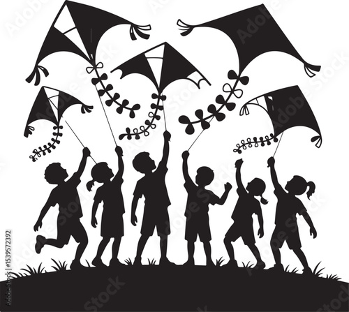 silhouette of playful kids enjoying outdoor activities like flying kites, swinging, and jumping rope in vibrant fun-filled playground