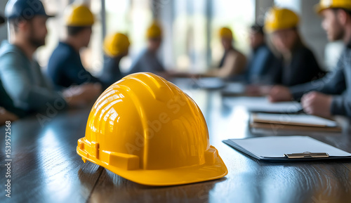 Construction workers meeting yellow hard hat
