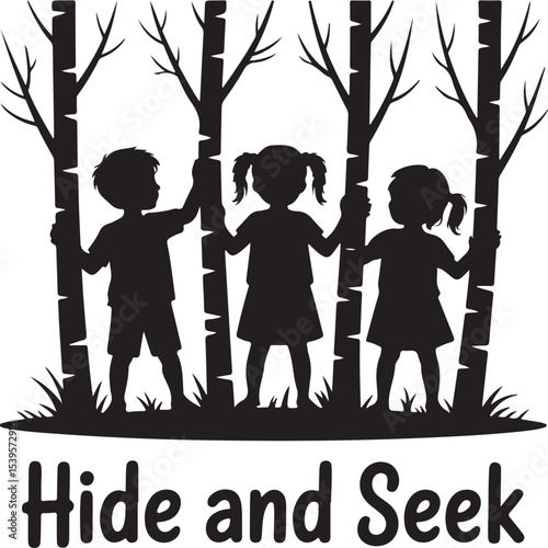 silhouette of kids playing hide and seek behind trees in forest, symbolizing fun, childhood games, outdoor activities