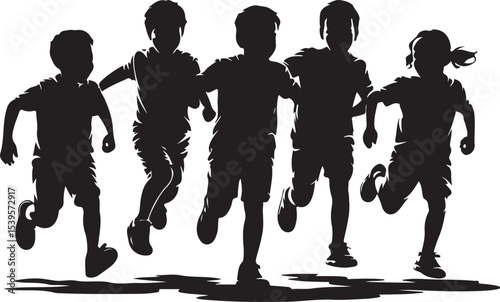 silhouette of group of children running, representing energy, youth, outdoor play, teamwork, and active lifestyle