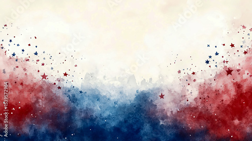 Watercolor style patriotic background with red, white, and blue colors and star accents