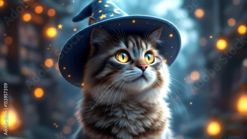 Cat Wearing Hat Gazing Upward in an Enchanted Setting