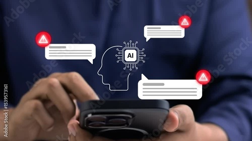 Business man using digital chatbot Artificial Intelligence (AI) with hacking and warning alert. cyber attack network, spyware or Malicious software. Technology cyber security and cybercrime, 4k video