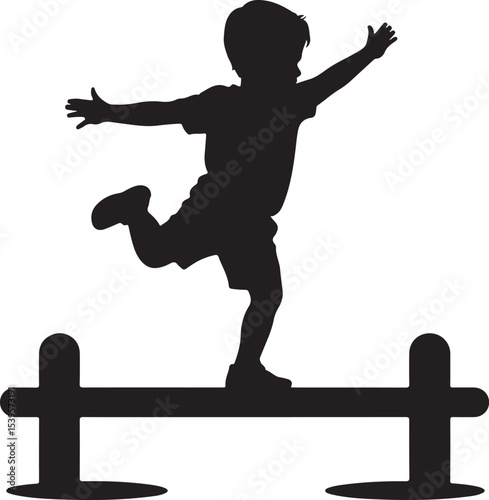 silhouette of child walking on balance beam, symbolizing play, physical activity, balance, and childhood development