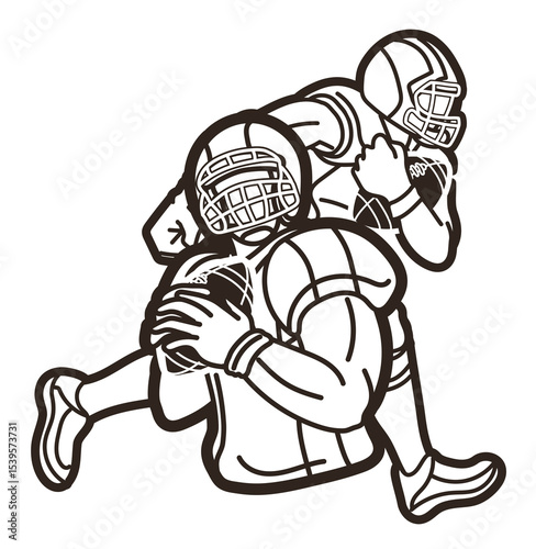American Football Players Mix Action Cartoon Sport Outline Graphic Vector