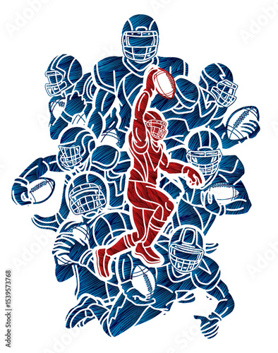 Silhouette American Football Players Mix Action Cartoon Sport Graphic Vector