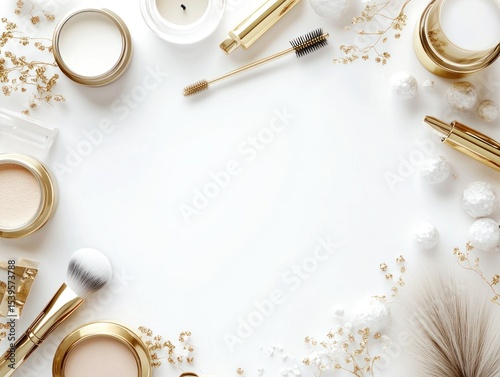 Elegant beauty products arrangement on white background capturing femininity