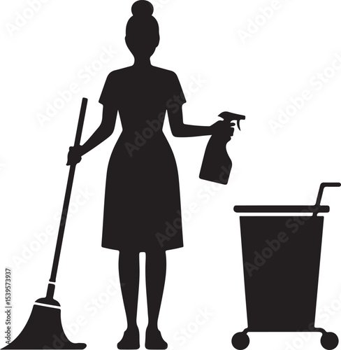 silhouette of woman cleaning with mop and spray bottle symbolizing housekeeping, hygiene, and environmental care