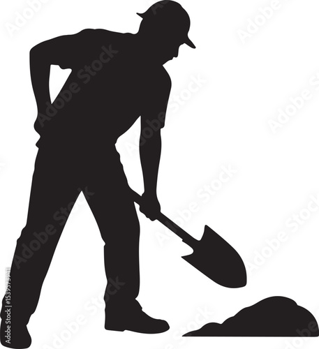 silhouette of man digging with shovel showing labor, construction work, and outdoor manual task for building or landscaping