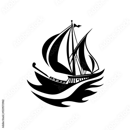 Vintage sailing ship icon on stylized waves, Black silhouette illustration of an old-fashioned sailing ship with large sails and flags, riding stylized ocean waves.

