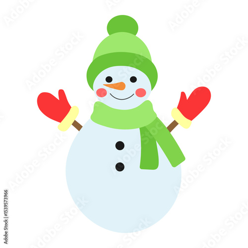 Snowman isolated on a white background. Colored icon, vector illustration in a flat style. Cheerful snowman in a green hat.