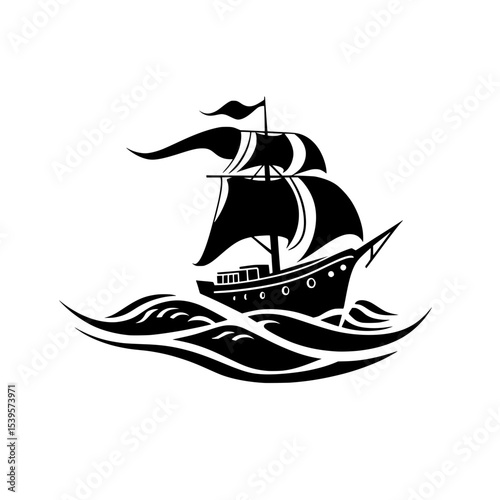 Vintage sailing ship icon on stylized waves, Black silhouette illustration of an old-fashioned sailing ship with large sails and flags, riding stylized ocean waves.

