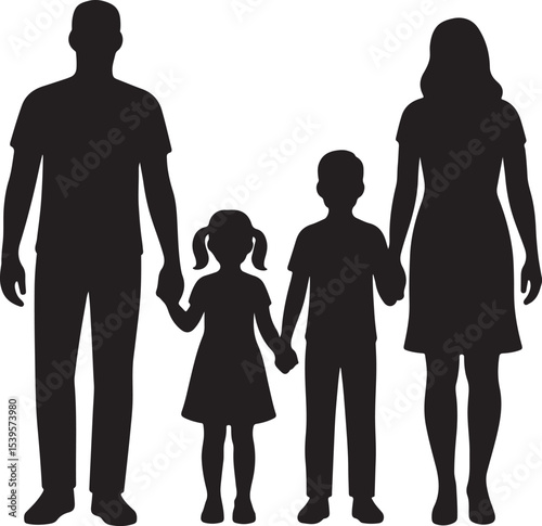 Family Silhouette Vector Parents and Two Kids Holding Hands Ideal for Family Values Parenting Childhood and Love Concepts
