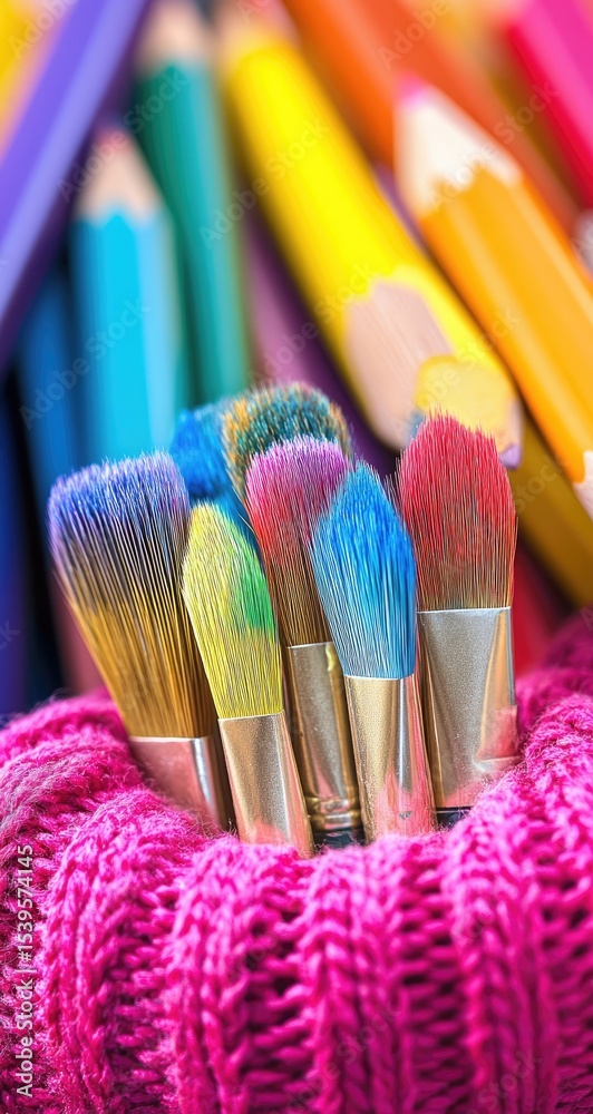 Fototapeta premium Colorful paintbrushes in a pink knitted holder, surrounded by art supplies