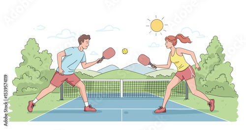 Colorful pickleball match in a sunny outdoor setting. Male and female players in action, with green hills, blue sky, and dynamic movement. Fun sports illustration for all ages.