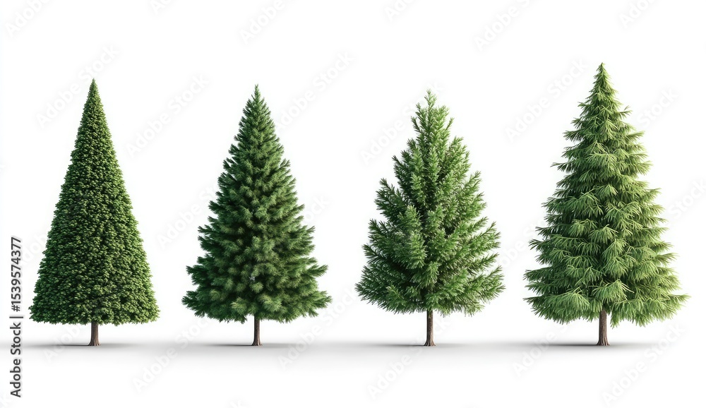 Obraz premium Four realistic evergreen trees against white background