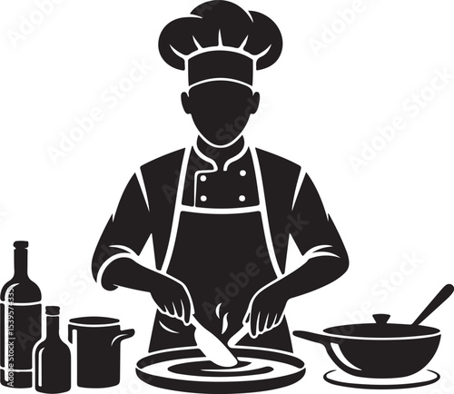  silhouette of chef cooking in kitchen, preparing food with professional kitchenware representing culinary skill and cooking process