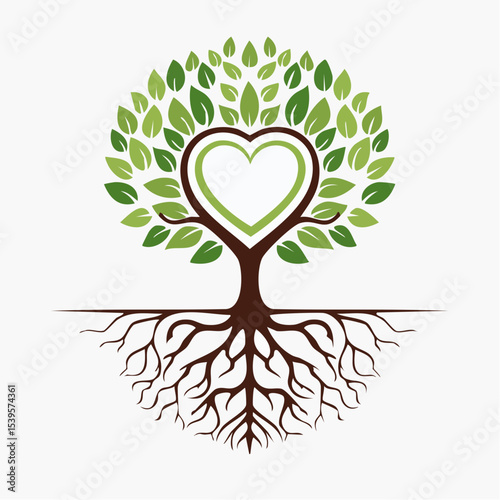 A tree with a heart in its trunk and roots below, representing love for nature and eco connection.