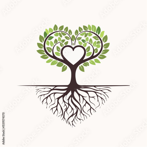 A tree with a heart in its trunk and roots below, representing love for nature and eco connection.