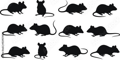 Mouse and rat silhouette vector set, black rodent clipart collection, cartoon style animal icon, pest illustration design graphic
