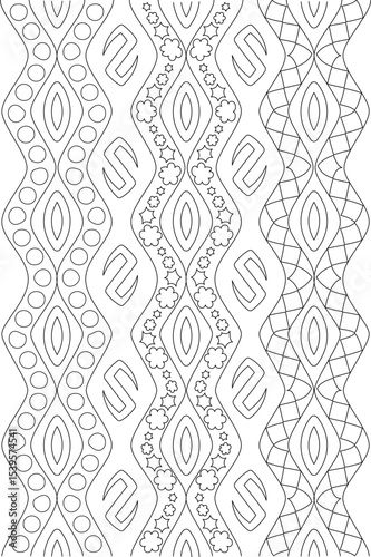 Abstract Indian Line Art Pattern 19P, An abstract black and white line art pattern featuring traditional Indian-inspired motifs. The design includes repetitive elements like circles, curved shapes, 