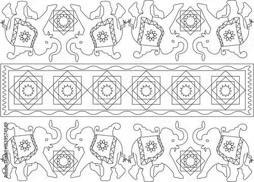 Decorative Indian Elephants and Pattern Border Line Art, Line art illustration featuring stylized Indian elephants adorned with traditional patterns and floral motifs, presented alongside a separate 