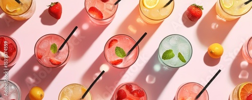 Colorful summer drinks in glasses, featuring various fruits and ice