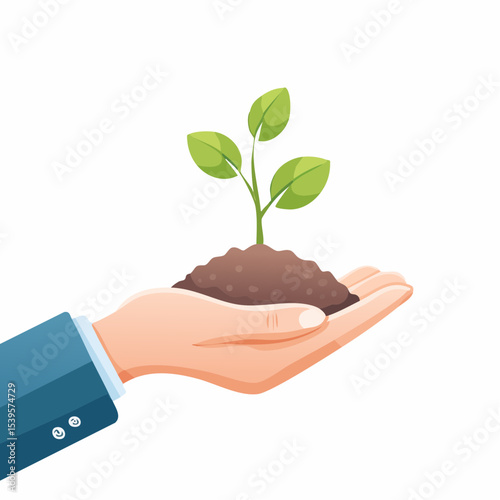 A hand holds a small sprouting seedling, symbolizing care, growth, and earth protection.