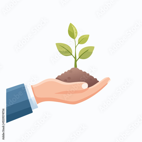 A hand holds a small sprouting seedling, symbolizing care, growth, and earth protection.