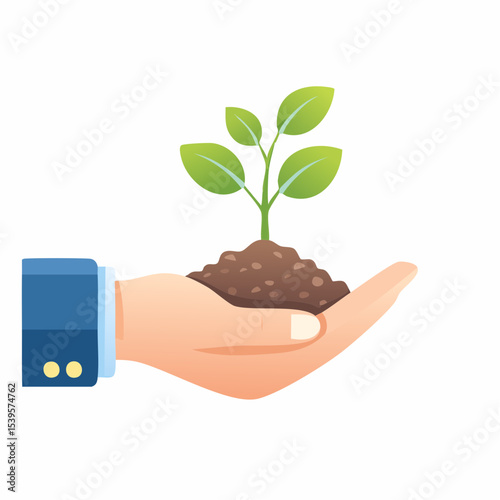 A hand holds a small sprouting seedling, symbolizing care, growth, and earth protection.