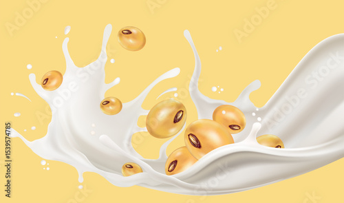 Milk liquid splashing isolated on solid color background. Realistic vector in 3D elements. Food and Drink concepts.